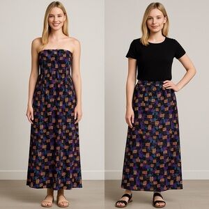 LuLaRoe XS Colorful Maxi Skirt Abstract Print Black Base Convertible Dress NWT